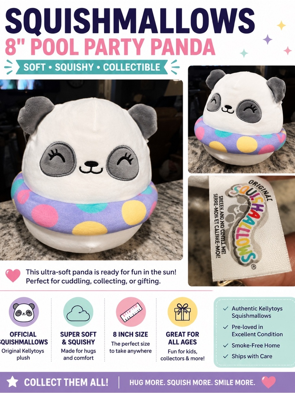 Original Kellytoy Squishmallow Panda Plush with Colorful Polka Dot Inner Tube